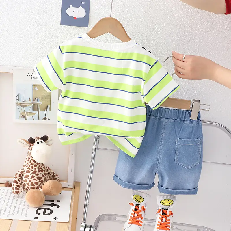 Kids Striped T-Shirt & Shorts Set Blue Shorts Green Bag