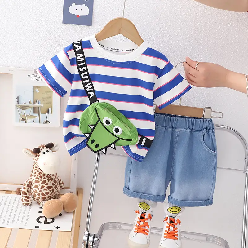 Kids Striped T-Shirt & Shorts Set Blue Shorts Green Bag