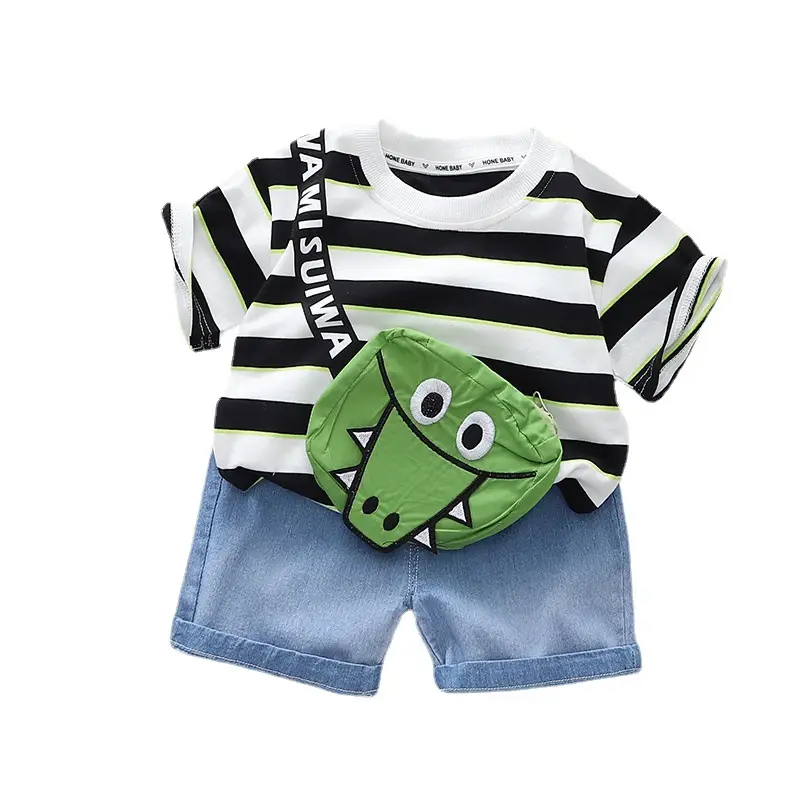 Kids Striped T-Shirt & Shorts Set Blue Shorts Green Bag