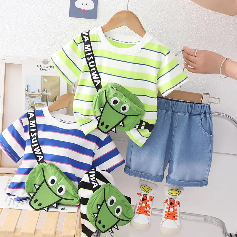 Kids Striped T-Shirt & Shorts Set Blue Shorts Green Bag — feature 1