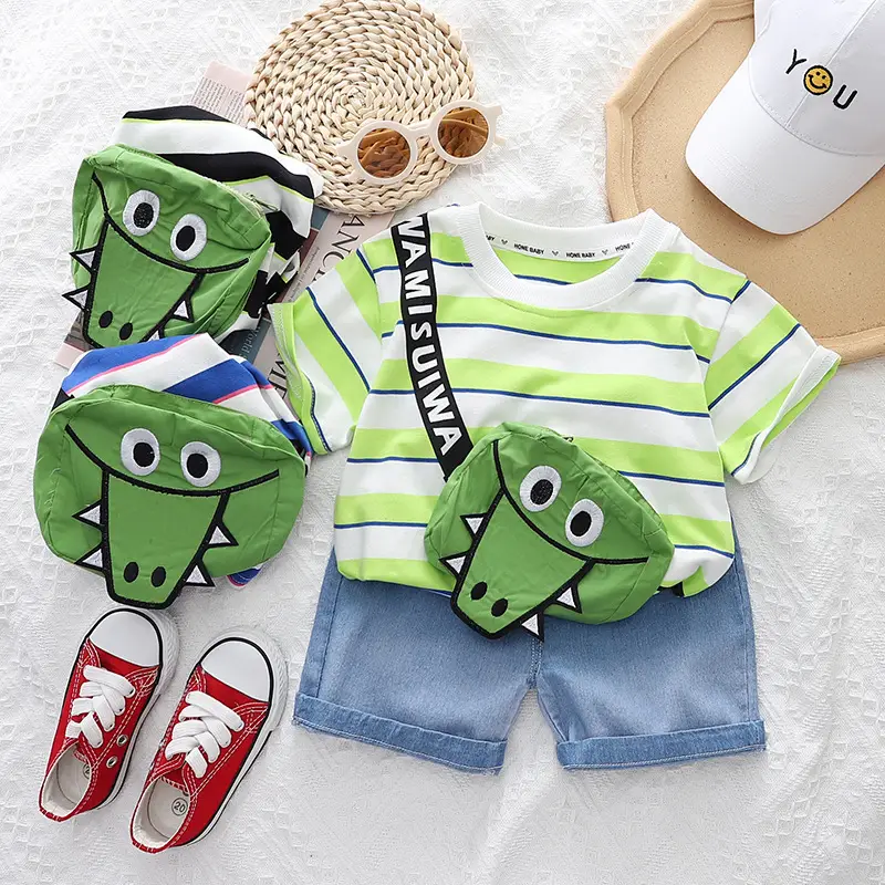 Kids Striped T-Shirt & Shorts Set Blue Shorts Green Bag — feature 2