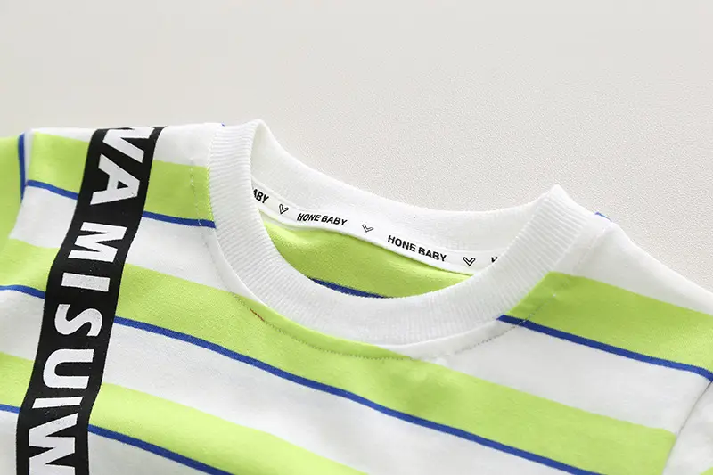 Kids Striped T-Shirt & Shorts Set Blue Shorts Green Bag — feature 6