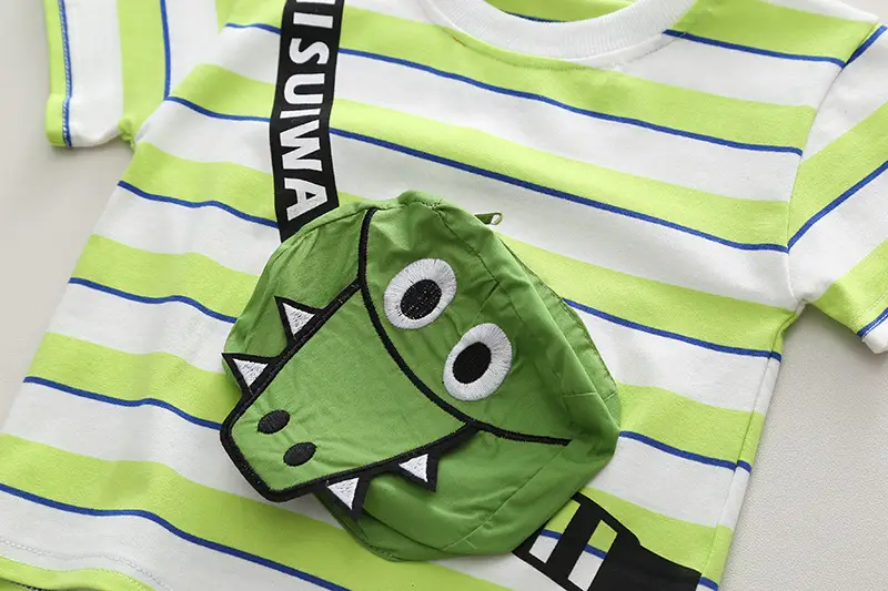 Kids Striped T-Shirt & Shorts Set Blue Shorts Green Bag — feature 7