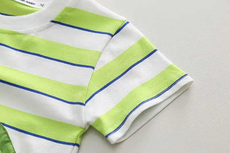 Kids Striped T-Shirt & Shorts Set Blue Shorts Green Bag — feature 8