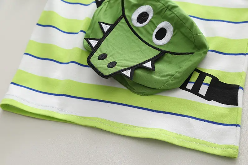 Kids Striped T-Shirt & Shorts Set Blue Shorts Green Bag — feature 9