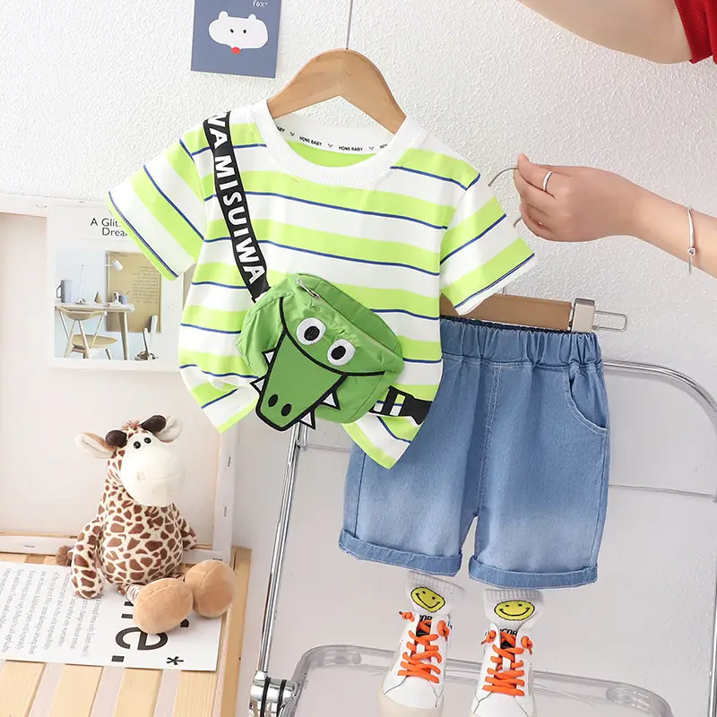 Kids Striped T-Shirt & Shorts Set Blue Shorts Green Bag