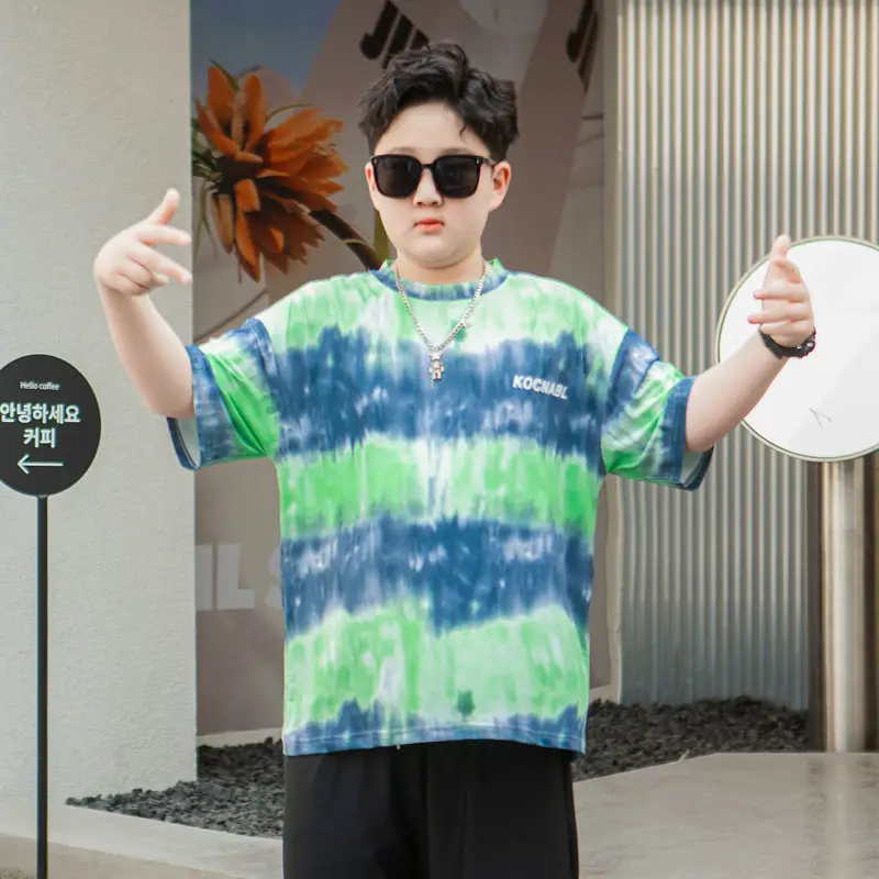 Men Tie-Dye Green Blue T-Shirt Short Sleeve - Image 2