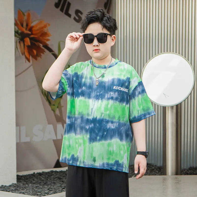 Men Tie-Dye Green Blue T-Shirt Short Sleeve - Image 3