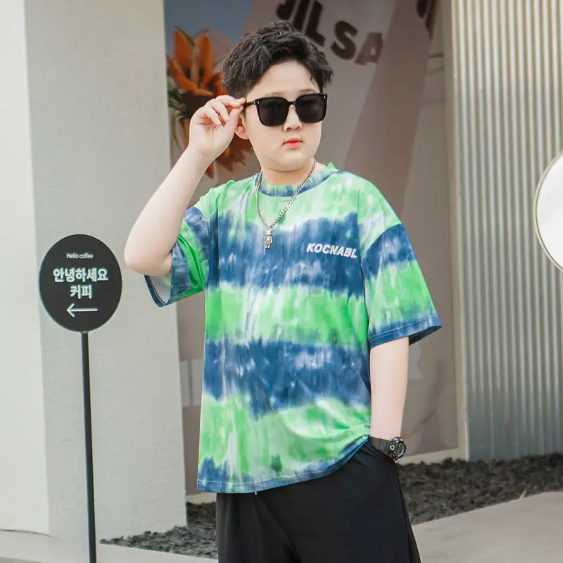 Men Tie-Dye Green Blue T-Shirt Short Sleeve - Image 5
