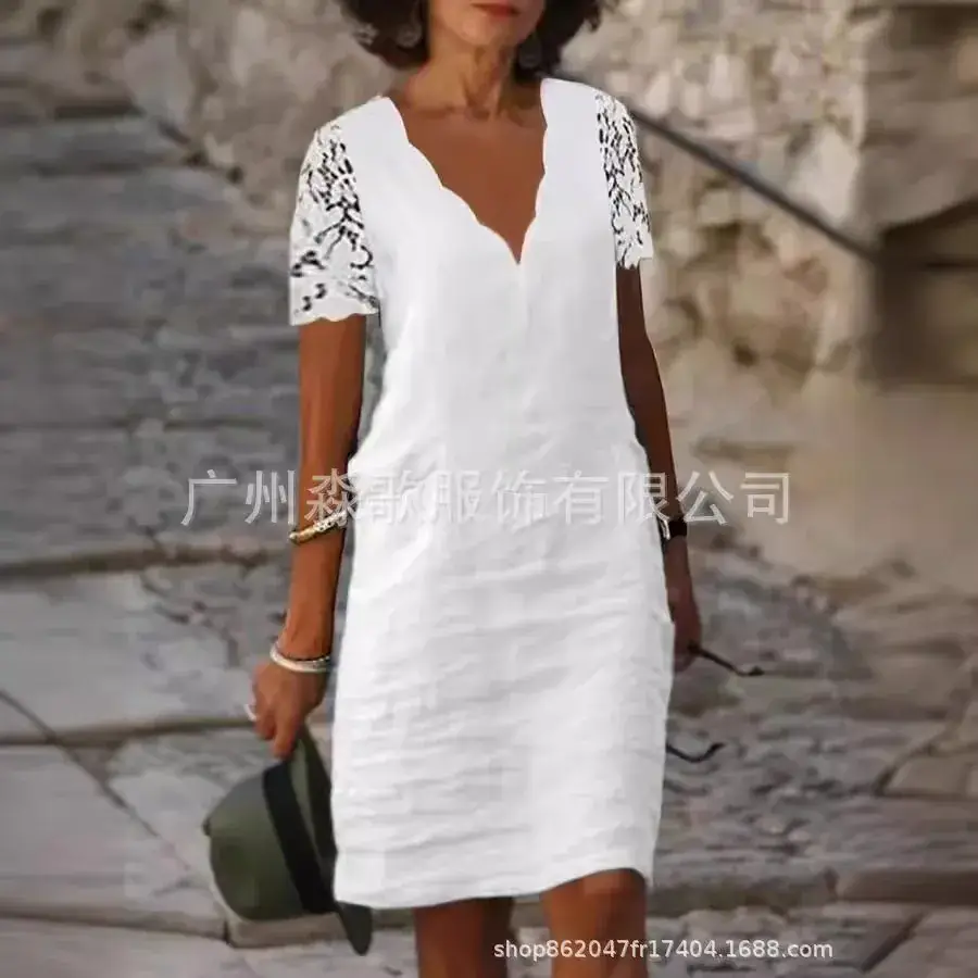 White V-Neck Lace Short Sleeve Dress for Women - Image 2