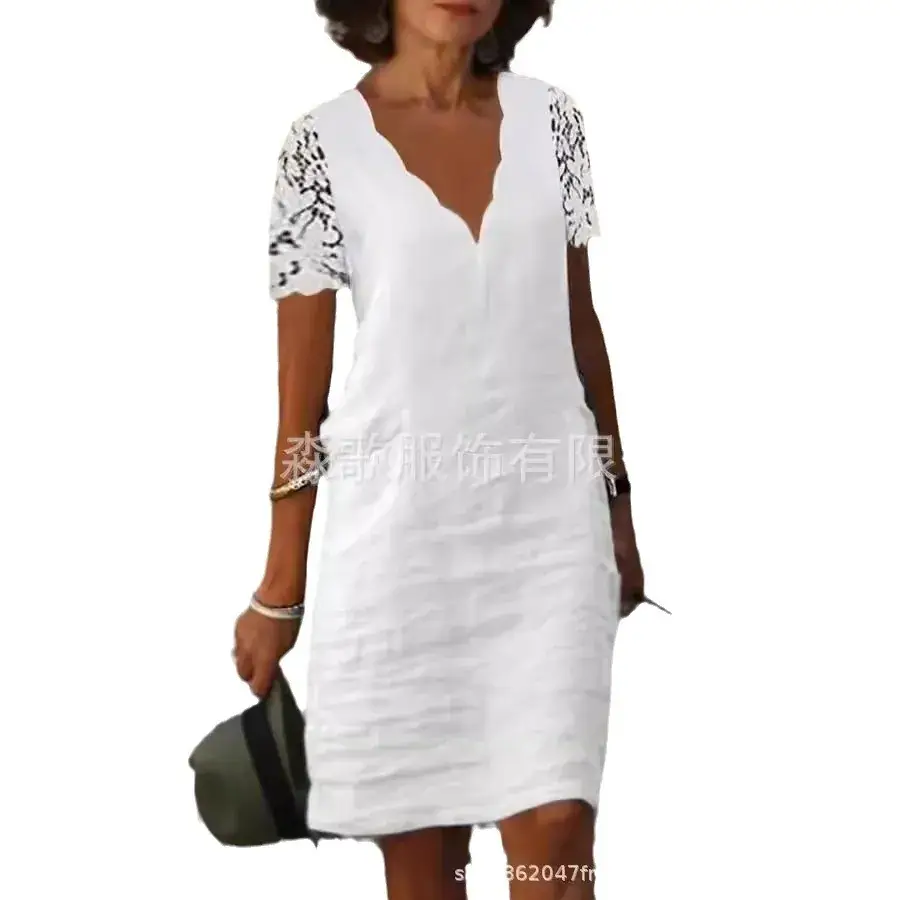 White V-Neck Lace Short Sleeve Dress for Women - Image 3