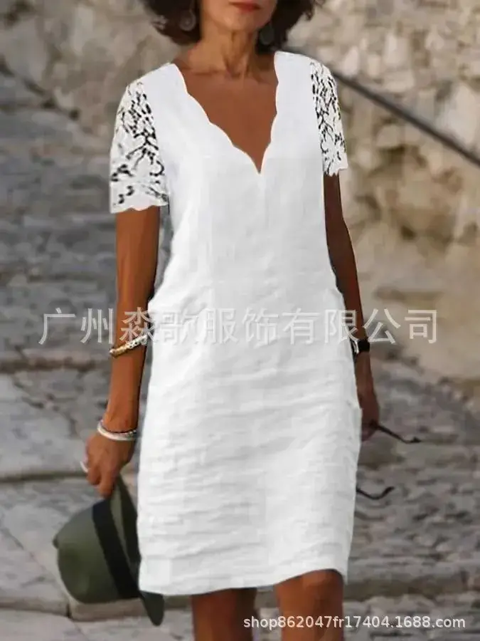 White V-Neck Lace Short Sleeve Dress for Women — feature 3