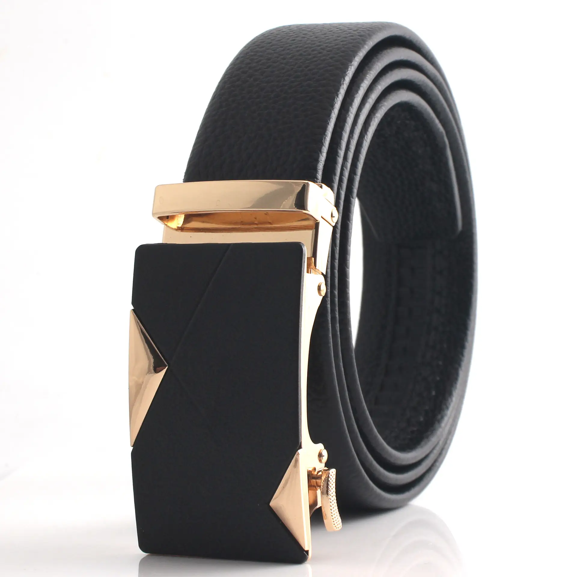 Hongsheng Men's Black Leather Belt with Automatic Buckle