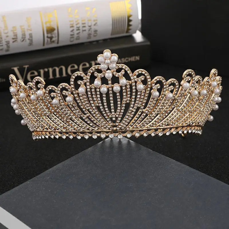 Wedding Crown Headband Gold Rhinestone Princess Diamond Pearl — feature 7