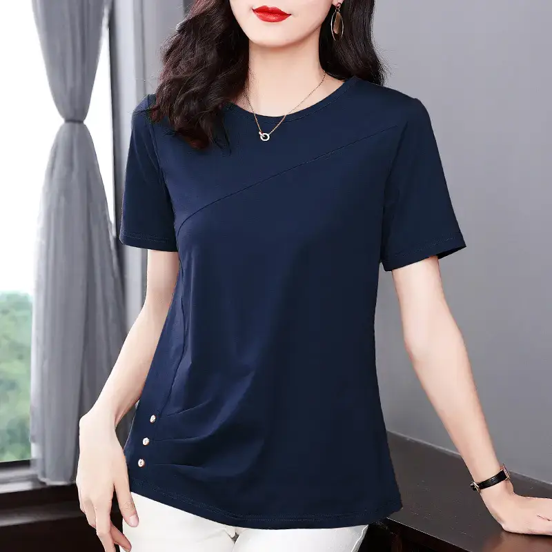 Women Pink V-Neck T-Shirt 2023 Summer Loose Fit - Image 2