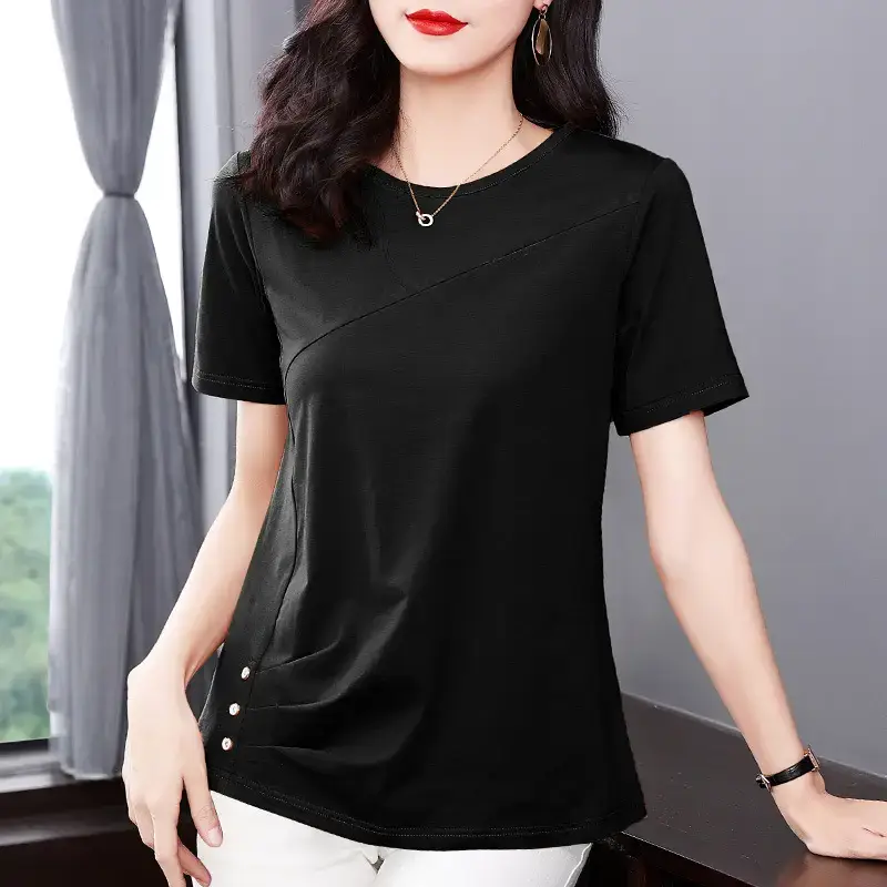 Women Pink V-Neck T-Shirt 2023 Summer Loose Fit - Image 3