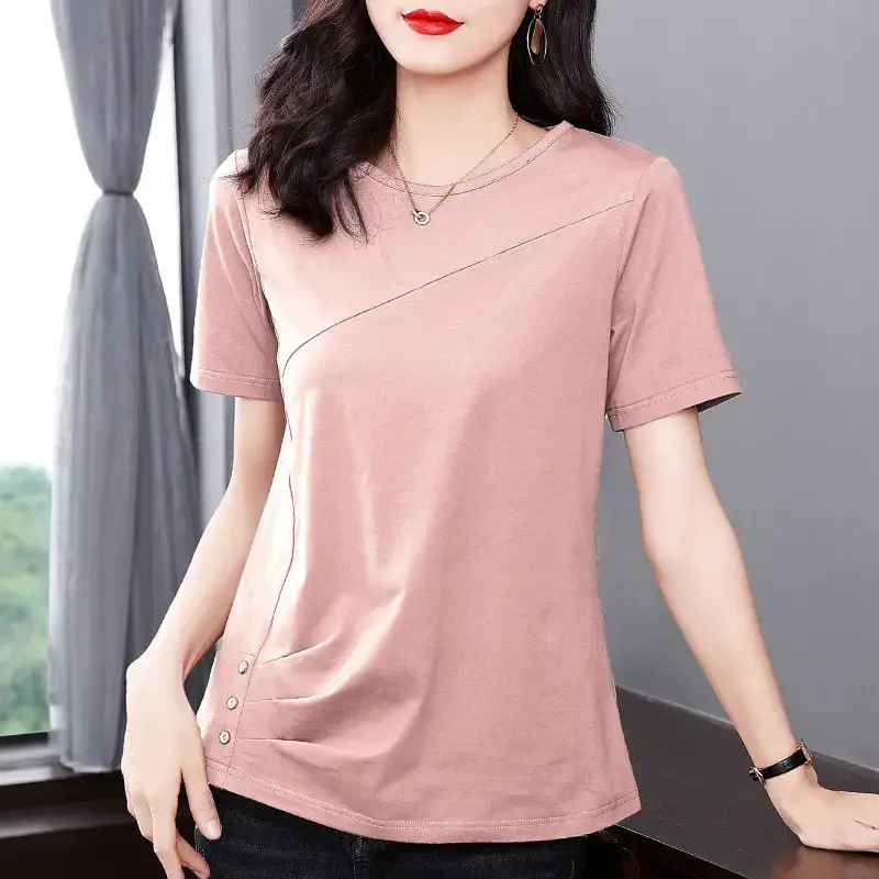 Women Pink V-Neck T-Shirt 2023 Summer Loose Fit - Image 4