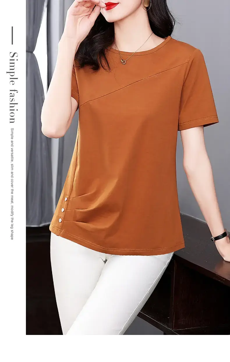 Women Pink V-Neck T-Shirt 2023 Summer Loose Fit — feature 17