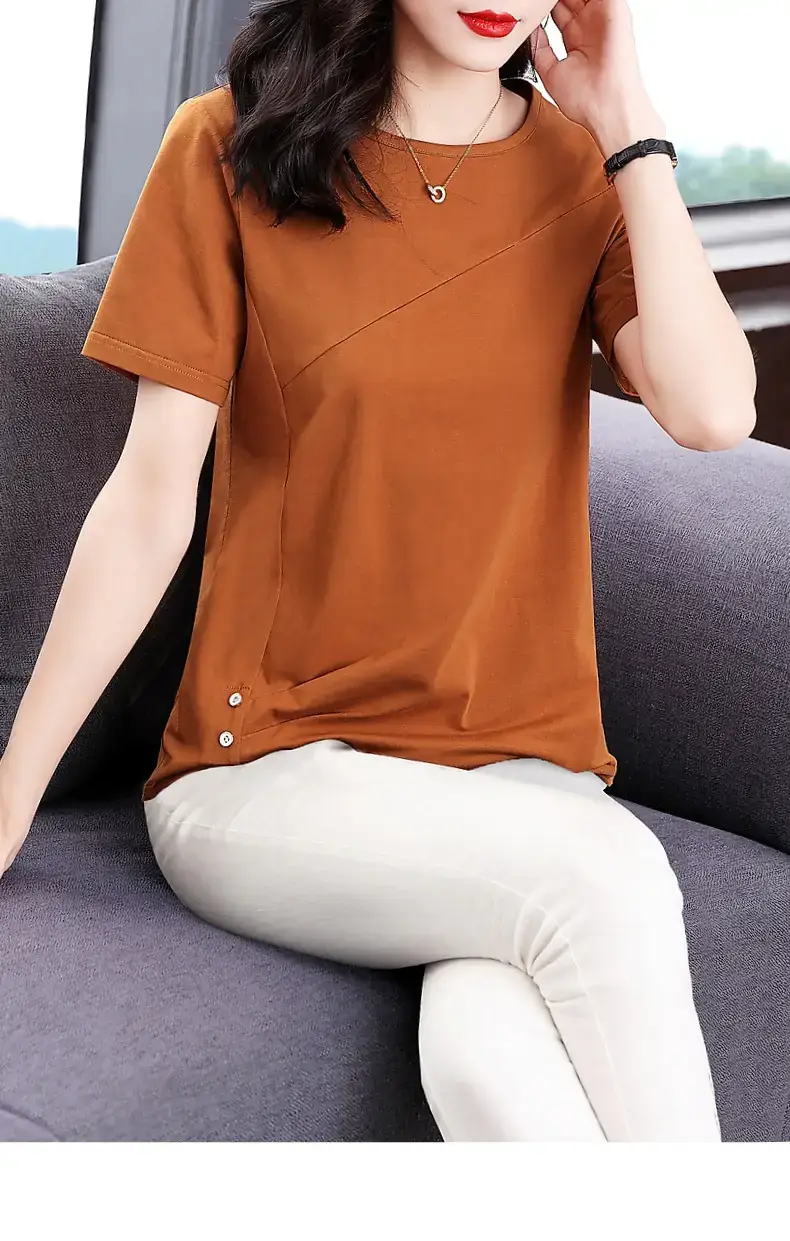 Women Pink V-Neck T-Shirt 2023 Summer Loose Fit — feature 19