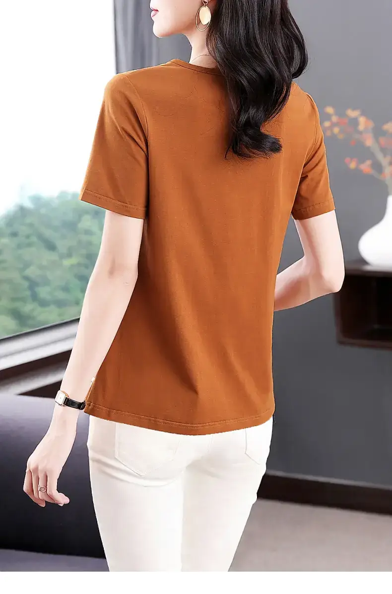 Women Pink V-Neck T-Shirt 2023 Summer Loose Fit — feature 20