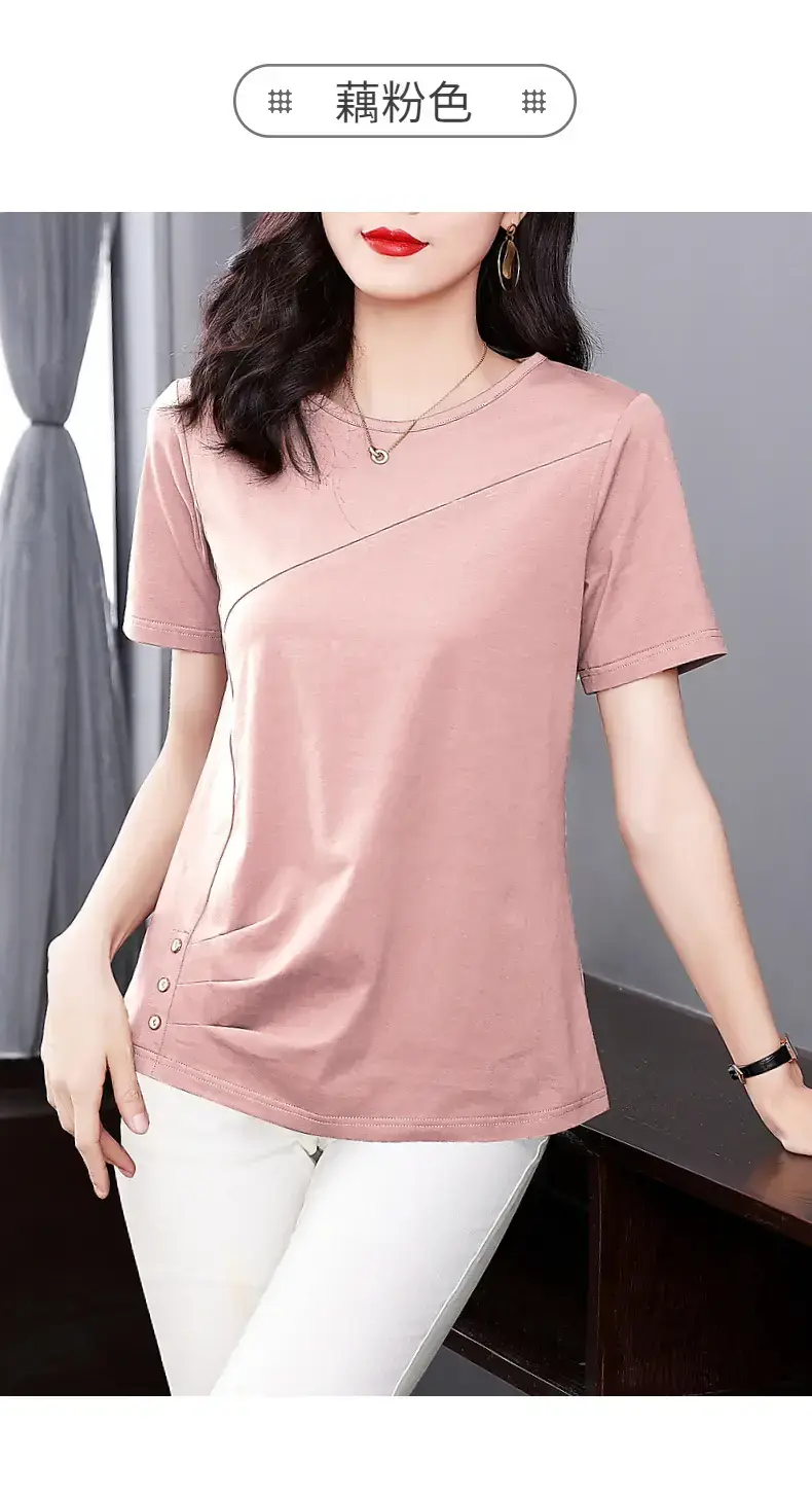 Women Pink V-Neck T-Shirt 2023 Summer Loose Fit — feature 24