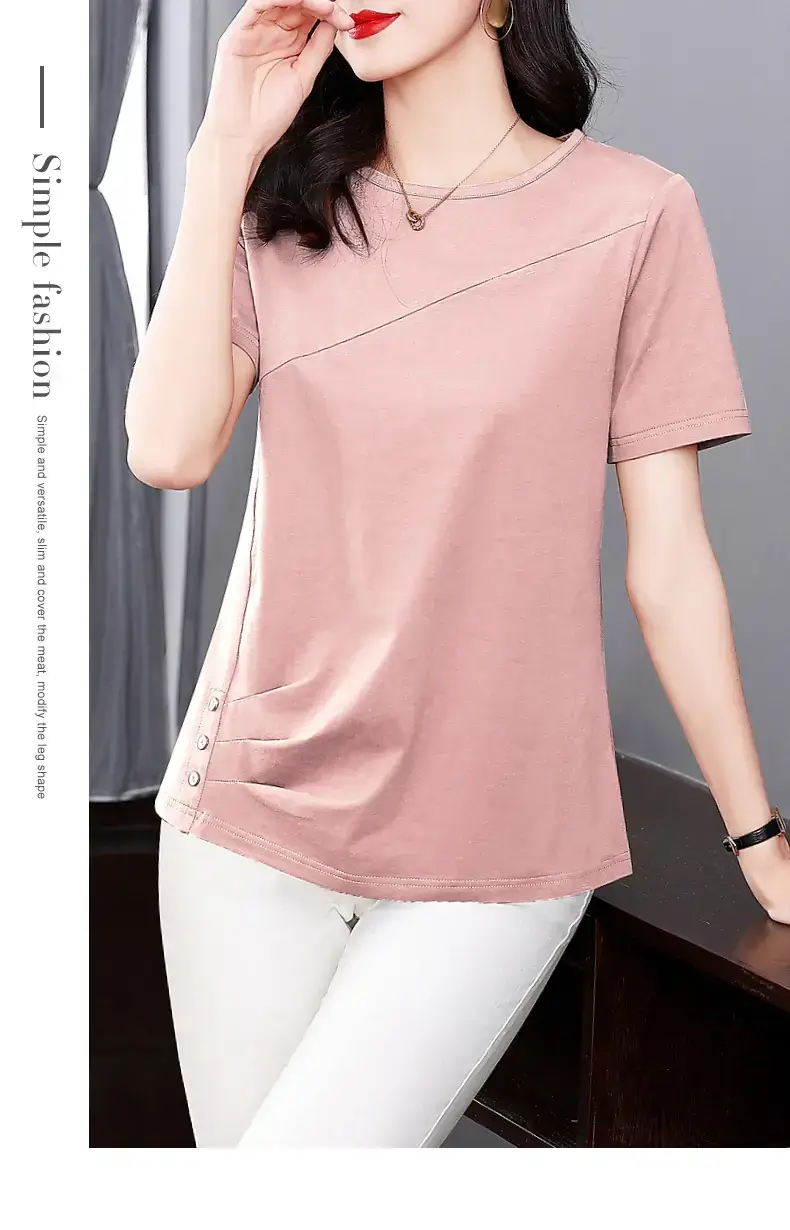Women Pink V-Neck T-Shirt 2023 Summer Loose Fit — feature 25