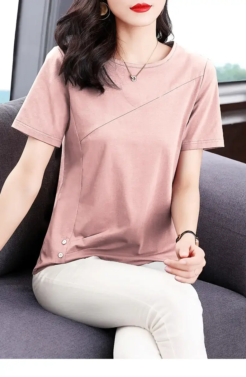 Women Pink V-Neck T-Shirt 2023 Summer Loose Fit — feature 26
