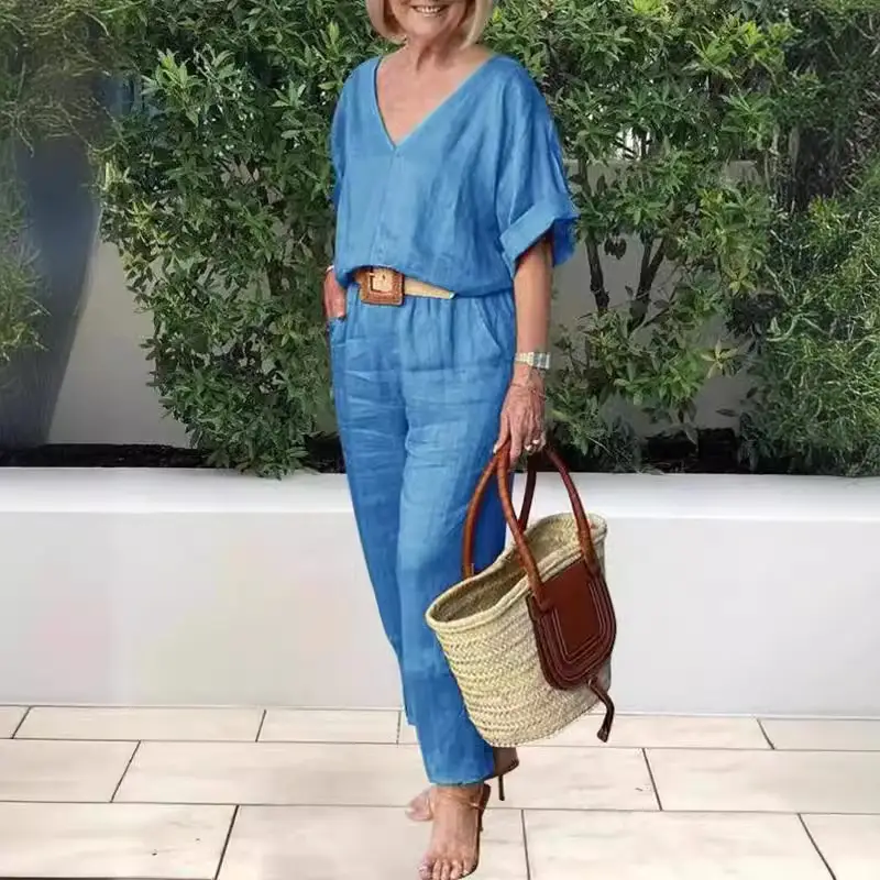 Women's Green V-Neck Loose Suit Spring Summer - Image 9