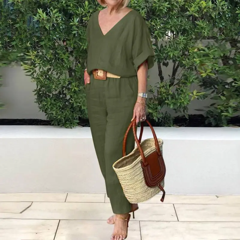 Women's Green V-Neck Loose Suit Spring Summer - Image 10