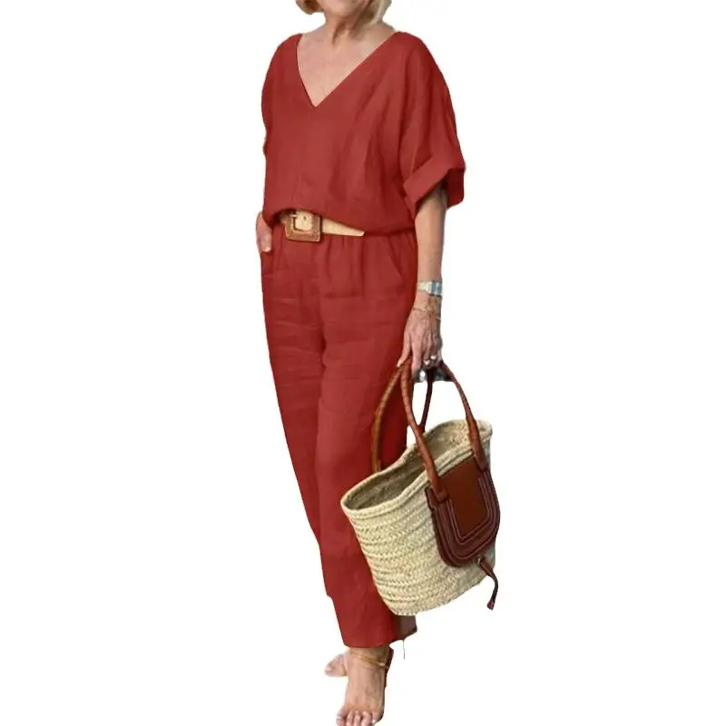 Women's Green V-Neck Loose Suit Spring Summer - Image 11
