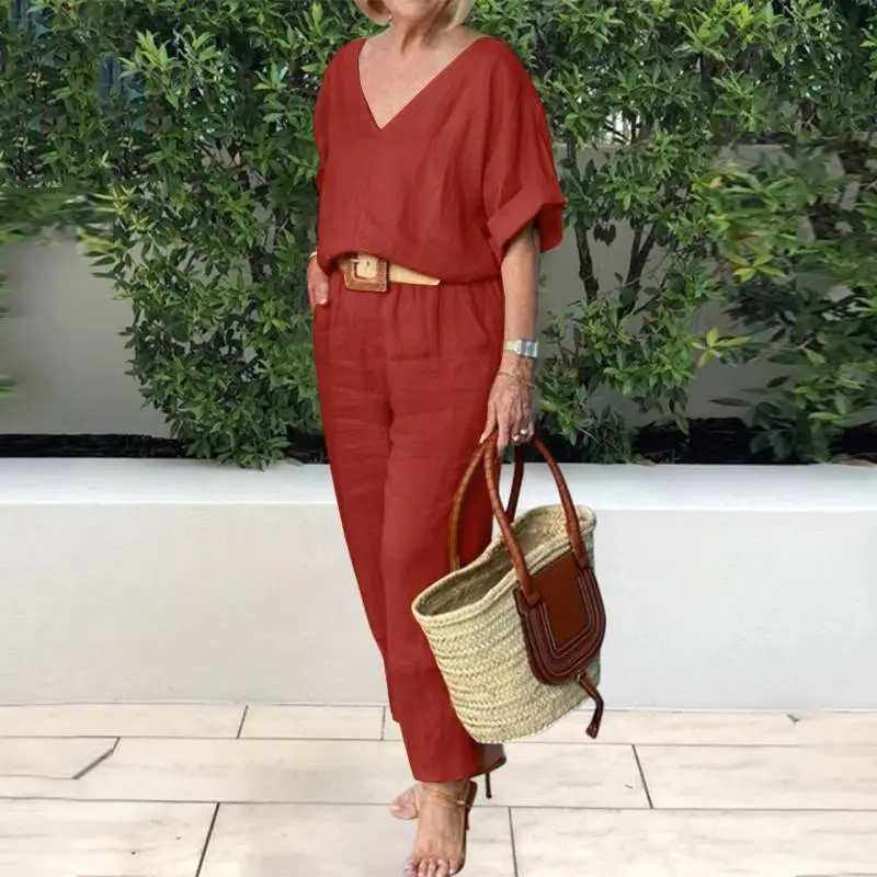Women's Green V-Neck Loose Suit Spring Summer - Image 4