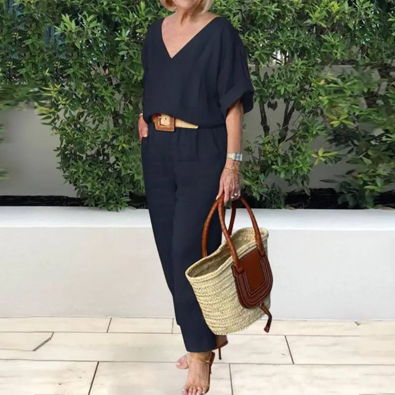 Women's Green V-Neck Loose Suit Spring Summer - Image 6