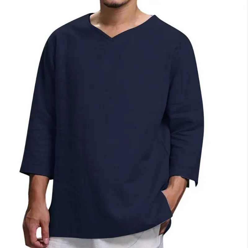 Men Navy V-Neck Pullover T-Shirt Casual Loose Fit