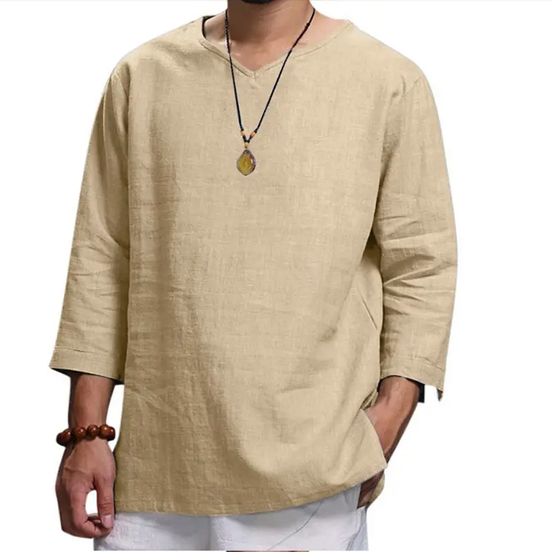 Men Navy V-Neck Pullover T-Shirt Casual Loose Fit