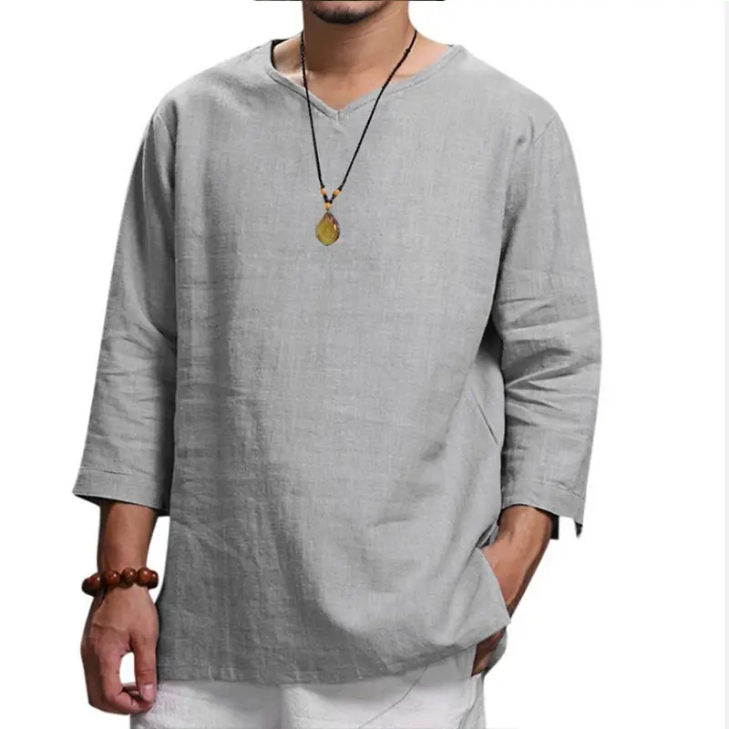 Men Navy V-Neck Pullover T-Shirt Casual Loose Fit