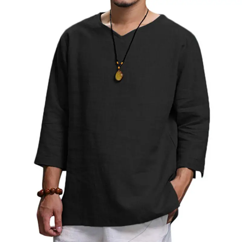 Men Navy V-Neck Pullover T-Shirt Casual Loose Fit — feature 11
