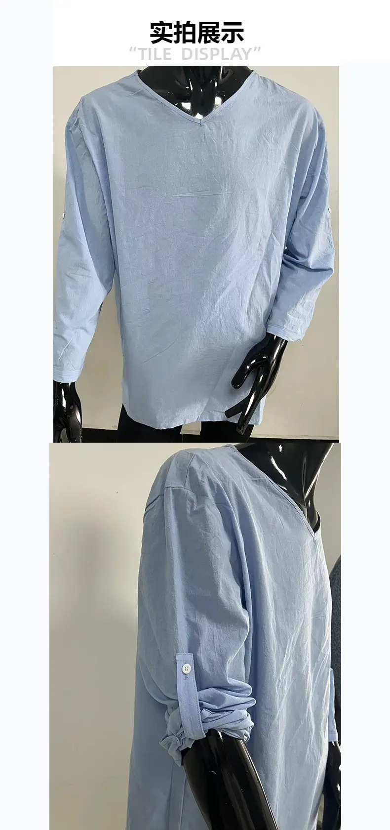 Men Navy V-Neck Pullover T-Shirt Casual Loose Fit — feature 5