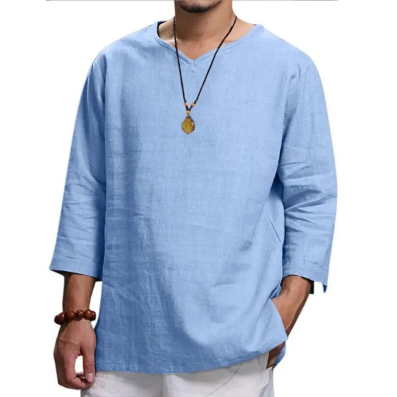 Men Navy V-Neck Pullover T-Shirt Casual Loose Fit