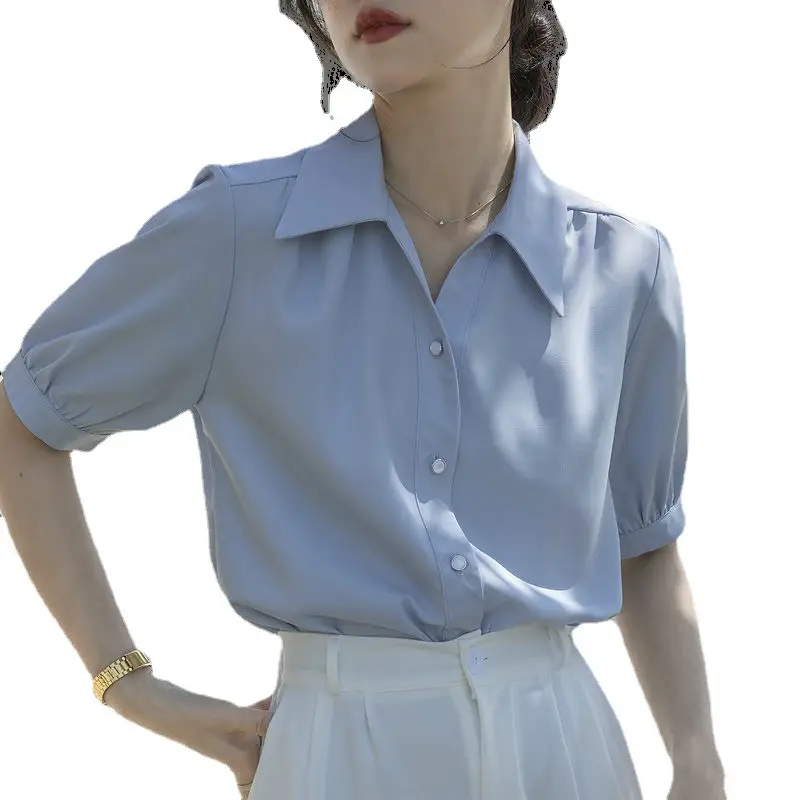Women French Style Chiffon Blouse Short Sleeve White - Image 5