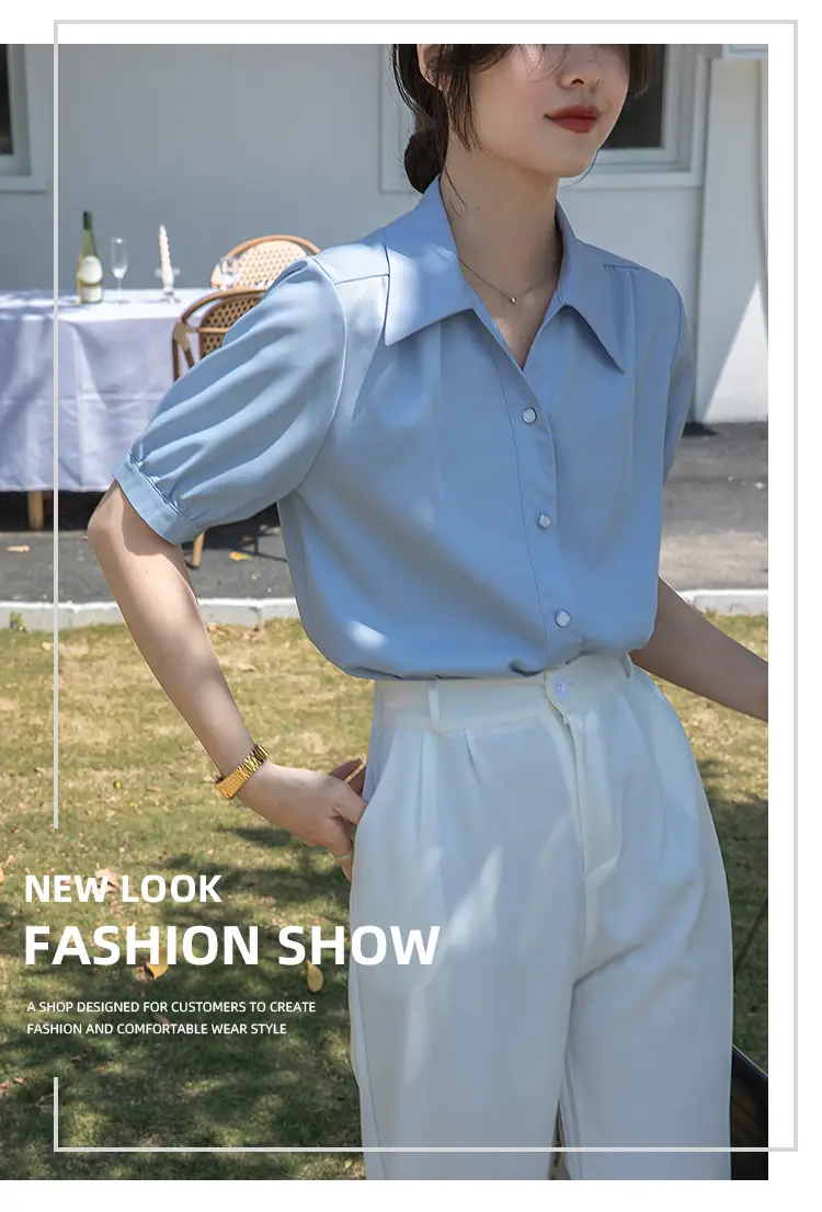 Women French Style Chiffon Blouse Short Sleeve White — feature 1