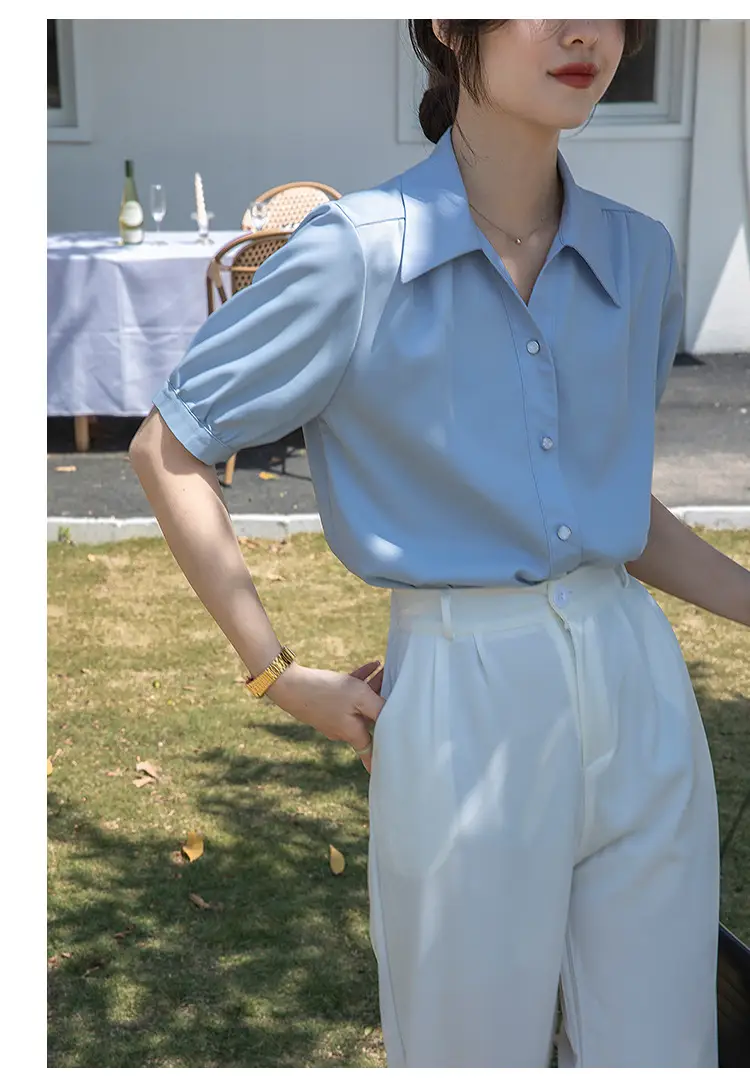 Women French Style Chiffon Blouse Short Sleeve White — feature 11