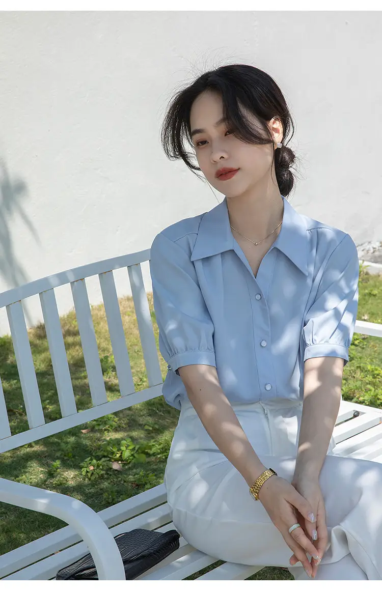 Women French Style Chiffon Blouse Short Sleeve White — feature 13