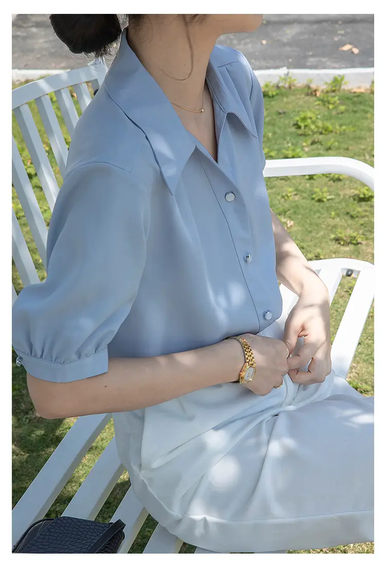 Women French Style Chiffon Blouse Short Sleeve White — feature 14