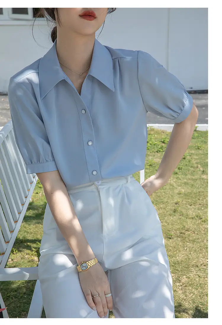 Women French Style Chiffon Blouse Short Sleeve White — feature 15