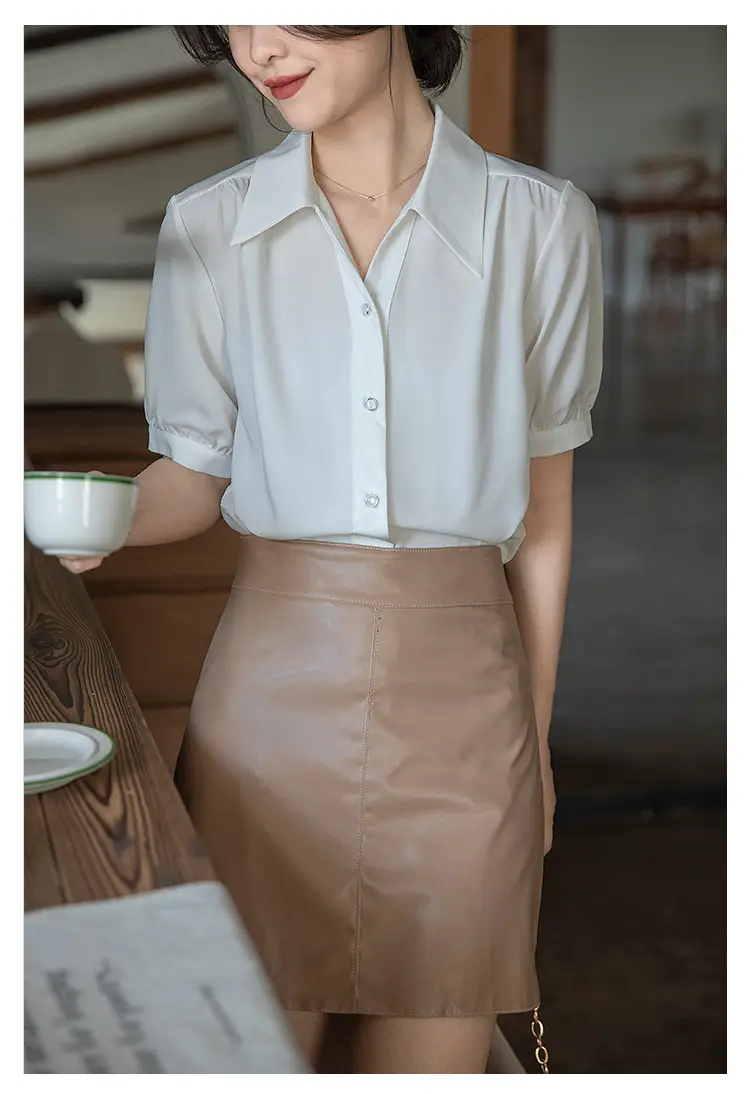 Women French Style Chiffon Blouse Short Sleeve White — feature 21