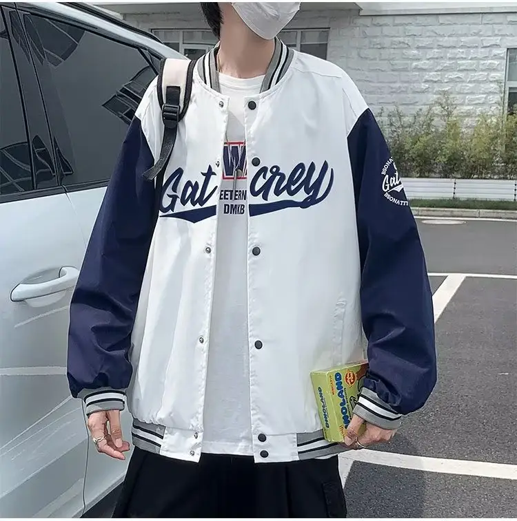 Men Bomber Jacket White Navy "Alkane" Embroidery — feature 10