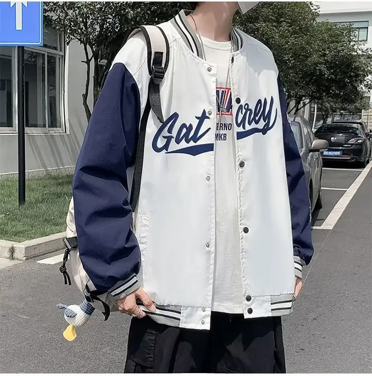 Men Bomber Jacket White Navy "Alkane" Embroidery — feature 11