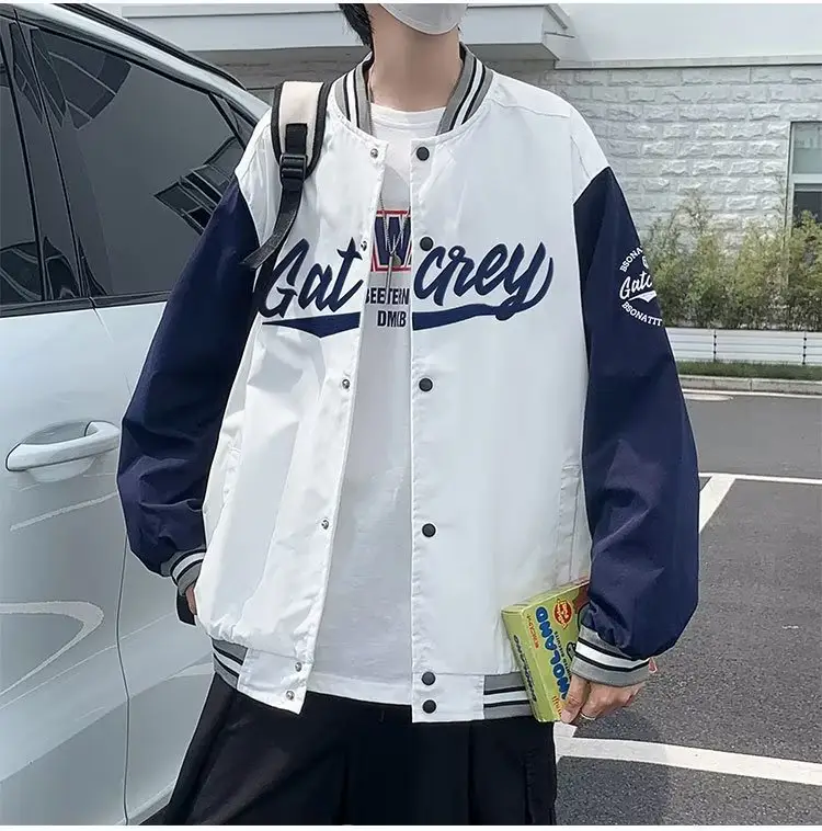 Men Bomber Jacket White Navy "Alkane" Embroidery — feature 12