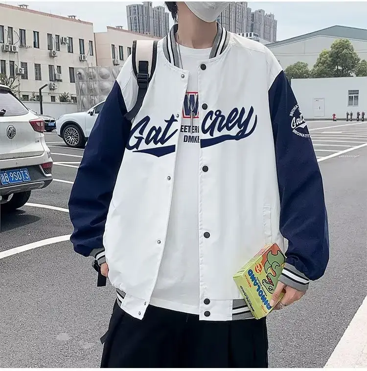 Men Bomber Jacket White Navy "Alkane" Embroidery — feature 13