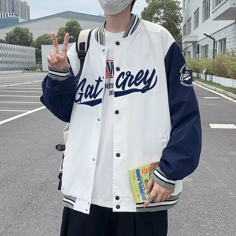 Men Bomber Jacket White Navy "Alkane" Embroidery — feature 2